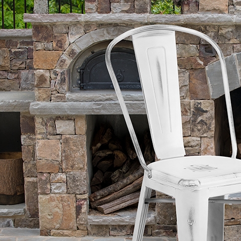 Distressed White Metal Stool