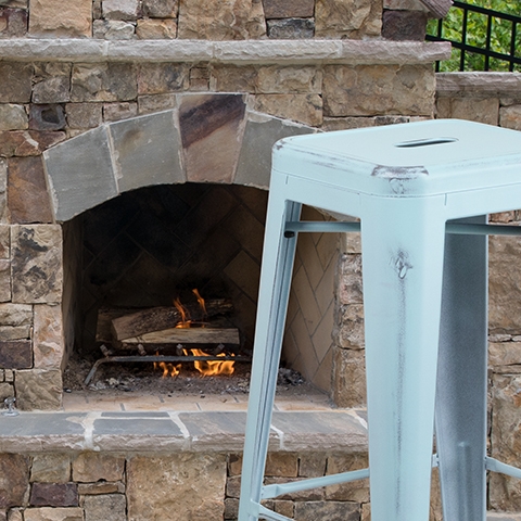 Distressed Gn-Blue Metal Stool