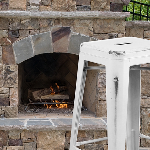 Distressed White Metal Stool