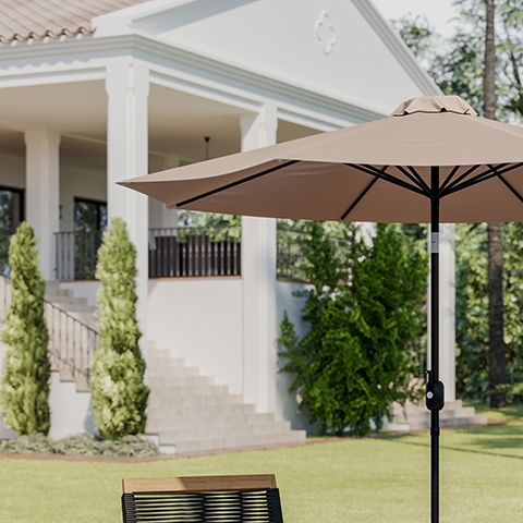 Tan 9 FT Round Patio Umbrella